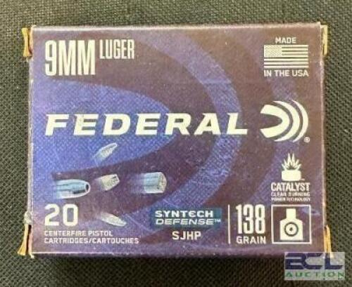 DESCRIPTION (1) 20CT BOX OF 9mm LUGER AMMO BRAND / MODEL: FEDERAL ADDITIONAL INFORMATION 138 GRAIN SIZE $23.99 LOCATION AMMO WALL QTY 1