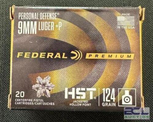 DESCRIPTION (5) 20CT BOXES OF 9mm LUGER +P AMMO BRAND / MODEL: FEDERAL ADDITIONAL INFORMATION 124 GRAIN SIZE $36.99 EACH LOCATION AMMO WALL QTY 5