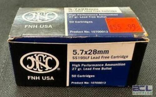 DESCRIPTION (1) 50CT BOX OF 5.7X28mm LED FREE AMMO BRAND / MODEL: FN 10700013 ADDITIONAL INFORMATION 27 GRAIN SIZE $55.99 LOCATION AMMO WALL QTY 1