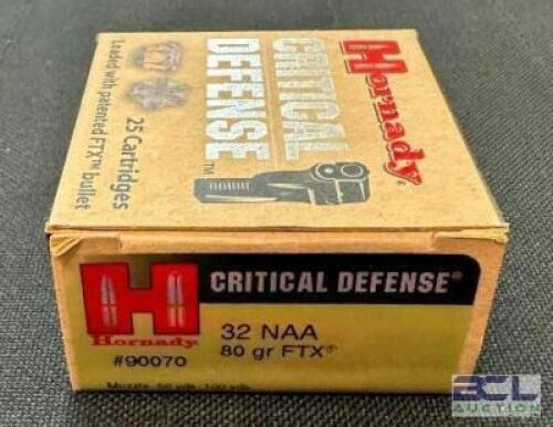 DESCRIPTION (5) 25CT BOXES OF 32 NAA AMMO BRAND / MODEL: HORNADY CRITICAL DEFENSE ADDITIONAL INFORMATION 80 GRAIN SIZE $19.99 EACH LOCATION AMMO WALL