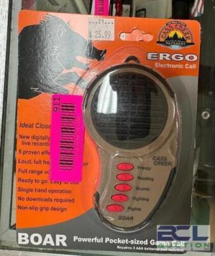 DESCRIPTION (3) ERGO BOAR ELECTRONIC GAME CALL. ADDITIONAL INFORMATION RETAILS EACH FOR $25.99 THIS LOT IS: SOLD BY THE PIECE LOCATION KNIFE COUNTER Q