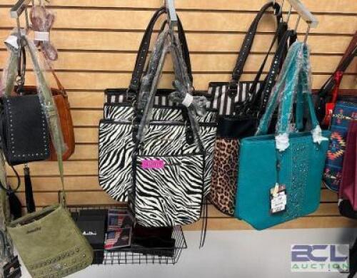 DESCRIPTION (13) ASSORTED LEATHER AND CANVAS PURSES. THIS LOT IS: SOLD BY THE PIECE LOCATION SOUTH WALL QTY 13