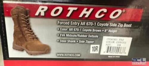 DESCRIPTION ROTHCO FORCED ENTRY AR-670-1 COYOTE SIDE ZIP BOOT - BROWN SIZE 10R ADDITIONAL INFORMATION RETAILS FOR $63 LOCATION SOUTH WALL QTY 1