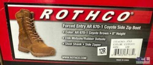 DESCRIPTION ROTHCO FORCED ENTRY AR-670-1 COYOTE SIDE ZIP BOOT - BROWN SIZE 12R ADDITIONAL INFORMATION RETAILS FOR $63 LOCATION SOUTH WALL QTY 1