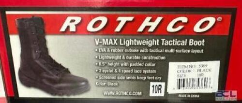 DESCRIPTION ROTHCO V-MAX LIGHTWEIGHT TACTICAL BOOT, BLACK SIZE 10R ADDITIONAL INFORMATION RETAILS FOR $63 LOCATION SOUTH WALL QTY 1