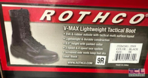 DESCRIPTION ROTHCO V-MAX LIGHTWEIGHT TACTICAL BOOT, BLACK SIZE 9R ADDITIONAL INFORMATION RETAILS FOR $63 LOCATION SOUTH WALL QTY 1