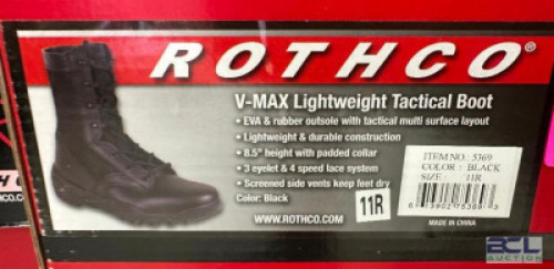 DESCRIPTION ROTHCO V-MAX LIGHTWEIGHT TACTICAL BOOT, BLACK SIZE 11R ADDITIONAL INFORMATION RETAILS FOR $63 LOCATION SOUTH WALL QTY 1