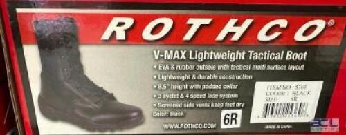 DESCRIPTION ROTHCO V-MAX LIGHTWEIGHT TACTICAL BOOT, BLACK SIZE 6R ADDITIONAL INFORMATION RETAILS FOR $63 LOCATION SOUTH WALL QTY 1