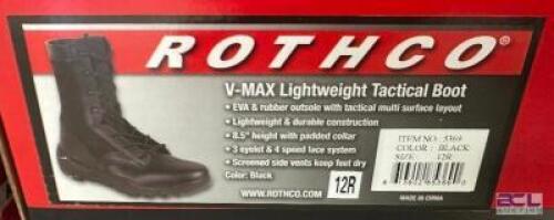 DESCRIPTION ROTHCO V-MAX LIGHTWEIGHT TACTICAL BOOT, BLACK SIZE 12R ADDITIONAL INFORMATION RETAILS FOR $63 LOCATION SOUTH WALL QTY 1
