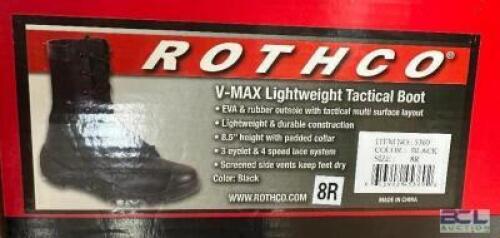 DESCRIPTION ROTHCO V-MAX LIGHTWEIGHT TACTICAL BOOT, BLACK SIZE 8R ADDITIONAL INFORMATION RETAILS FOR $63 LOCATION SOUTH WALL QTY 1