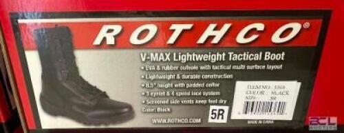 DESCRIPTION ROTHCO V-MAX LIGHTWEIGHT TACTICAL BOOT, BLACK SIZE 5R ADDITIONAL INFORMATION RETAILS FOR $63 LOCATION SOUTH WALL QTY 1