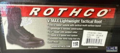 DESCRIPTION ROTHCO V-MAX LIGHTWEIGHT TACTICAL BOOT, BLACK SIZE 11R ADDITIONAL INFORMATION RETAILS FOR $63 LOCATION SOUTH WALL QTY 1