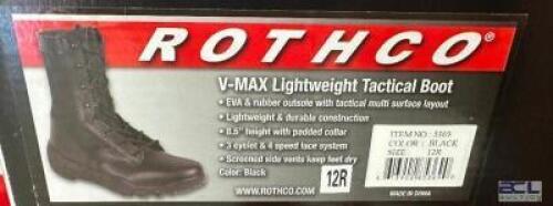 DESCRIPTION ROTHCO V-MAX LIGHTWEIGHT TACTICAL BOOT, BLACK SIZE 12R ADDITIONAL INFORMATION RETAILS FOR $63 LOCATION SOUTH WALL QTY 1
