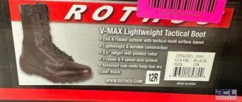 DESCRIPTION ROTHCO V-MAX LIGHTWEIGHT TACTICAL BOOT, BLACK SIZE 12R ADDITIONAL INFORMATION RETAILS FOR $63 LOCATION SOUTH WALL QTY 1
