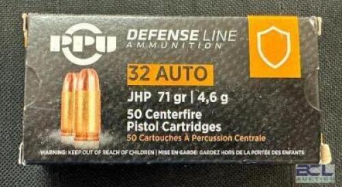 DESCRIPTION (2) 50CT BOXES OF 32 AUTO AMMO BRAND / MODEL: PPU JHP ADDITIONAL INFORMATION 71 GRAIN SIZE $31.99 EACH LOCATION AMMO WALL QTY 2