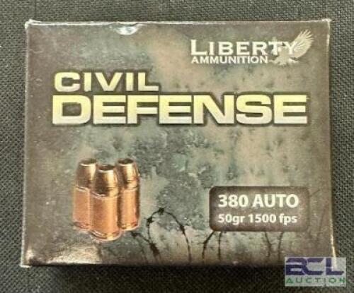 DESCRIPTION (1) 20CT BOX OF 380 AUTO AMMO BRAND / MODEL: LIBERTY ADDITIONAL INFORMATION 50 GRAIN SIZE $38.99 LOCATION AMMO WALL QTY 1
