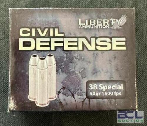 DESCRIPTION (5) 20CT BOXES OF 38 SPECIAL AMMO BRAND / MODEL: LIBERTY ADDITIONAL INFORMATION 50 GRAIN SIZE $38.99 EACH LOCATION AMMO WALL QTY 5
