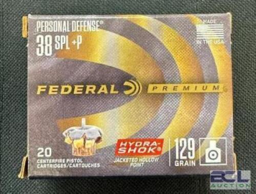 DESCRIPTION (4) 20CT BOXES OF 38 SPECIAL +P AMMO BRAND / MODEL: FEDERAL ADDITIONAL INFORMATION 129 GRAIN SIZE $32.99 EACH LOCATION AMMO WALL QTY 4