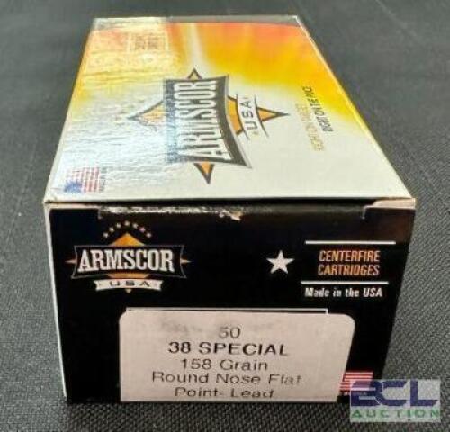 DESCRIPTION (6) 50CT BOXES OF 38 SPECIAL AMMO BRAND / MODEL: ARMSCOR ADDITIONAL INFORMATION 158 GRAIN SIZE $27.99 EACH LOCATION AMMO WALL QTY 6