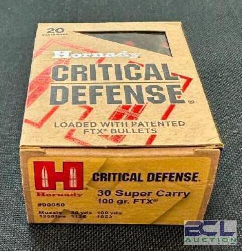 DESCRIPTION (5) 20CT BOXES OF 30 SUPER CARRY AMMO BRAND / MODEL: HORNADY CRITICAL DEFENSE ADDITIONAL INFORMATION 100 GRAIN SIZE $31.99 EACH LOCATION A