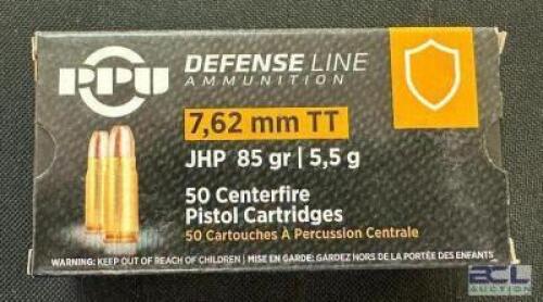 DESCRIPTION (5) 50CT BOXES OF 7.62mm TT AMMO BRAND / MODEL: PPU JHP ADDITIONAL INFORMATION 85 GRAIN SIZE $31.99 EACH LOCATION AMMO WALL QTY 5
