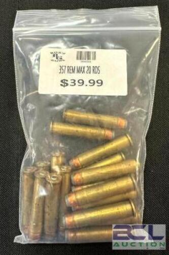 DESCRIPTION (1) 20CT BAG OF 357 REMINGTON MAX AMMO SIZE $39.99 LOCATION AMMO WALL QTY 1