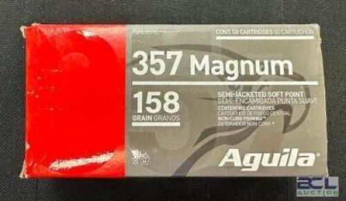DESCRIPTION (5) 50CT BOXES OF 357 MAGNUM AMMO BRAND / MODEL: AGUILA ADDITIONAL INFORMATION 158 GRAIN SIZE $41.99 EACH LOCATION AMMO WALL QTY 5