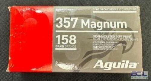 DESCRIPTION (5) 50CT BOXES OF 357 MAGNUM AMMO BRAND / MODEL: AGUILA ADDITIONAL INFORMATION 158 GRAIN SIZE $41.99 EACH LOCATION AMMO WALL QTY 5