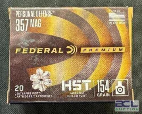 DESCRIPTION (5) 20CT BOXES OF 357 MAGNUM AMMO BRAND / MODEL: FEDERAL ADDITIONAL INFORMATION 154 GRAIN SIZE $44.99 EACH LOCATION AMMO WALL QTY 5