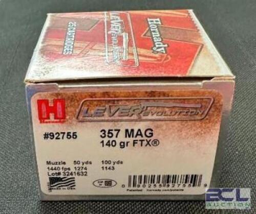 DESCRIPTION (4) 25CT BOXES OF 357 MAGNUM AMMO BRAND / MODEL: HORNADY LEVEREVOLUTION ADDITIONAL INFORMATION 140 GRAIN SIZE $36.99 EACH LOCATION AMMO WA