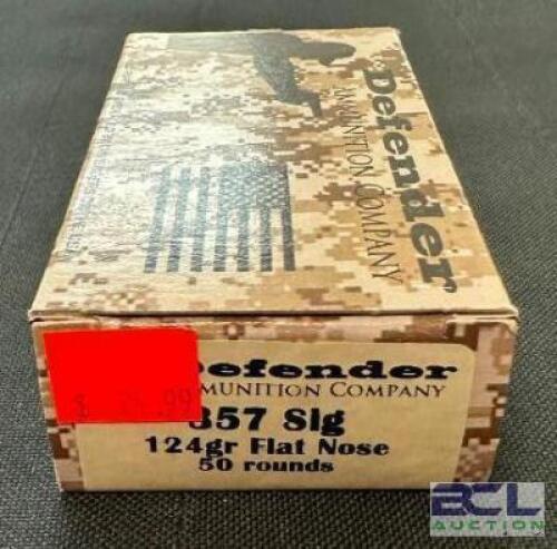 DESCRIPTION (2) 50CT BOXES OF 357 SIG AMMO BRAND / MODEL: DEFENDER ADDITIONAL INFORMATION 124 GRAIN SIZE $24.99 EACH LOCATION AMMO WALL QTY 2