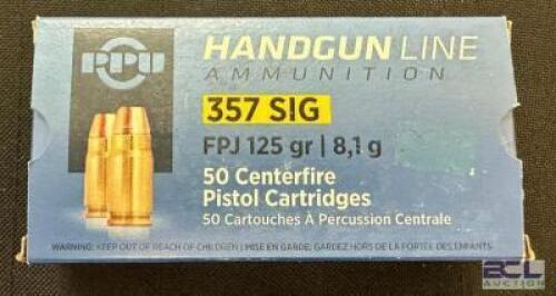 DESCRIPTION (5) 50CT BOXES OF 357 SIG AMMO BRAND / MODEL: PPU FPJ ADDITIONAL INFORMATION 125 GRAIN SIZE $37.99 EACH LOCATION AMMO WALL QTY 5