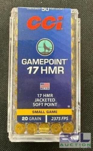 DESCRIPTION (8) 50CT BOXES OF 17 HMR GAMEPOINT AMMO BRAND / MODEL: CCI ADDITIONAL INFORMATION 20 GRAIN SIZE $26.99 EACH LOCATION AMMO WALL QTY 8