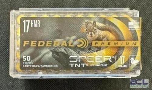 DESCRIPTION (1) 50CT BOX OF 17 HRM AMMO BRAND / MODEL: FEDERAL ADDITIONAL INFORMATION 17 GRAIN SIZE $16.99 LOCATION AMMO WALL QTY 1
