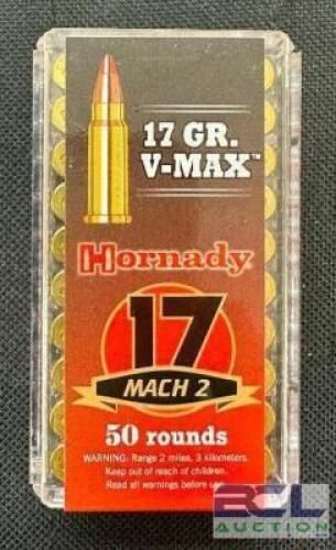 DESCRIPTION (10) 50CT BOXES OF 17 MACH 2 AMMO BRAND / MODEL: HORNADY ADDITIONAL INFORMATION 17 GRAIN SIZE $11.99 EACH LOCATION AMMO WALL QTY 10