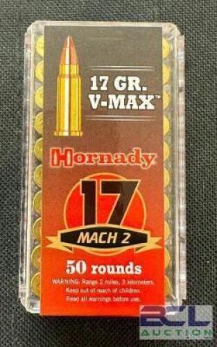 DESCRIPTION (10) 50CT BOXES OF 17 MACH 2 AMMO BRAND / MODEL: HORNADY ADDITIONAL INFORMATION 17 GRAIN SIZE $11.99 EACH LOCATION AMMO WALL QTY 10