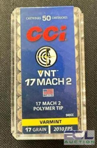 DESCRIPTION (10) 50CT BOXES OF 17 MACH 2 AMMO BRAND / MODEL: CCI ADDITIONAL INFORMATION 17 GRAIN SIZE $10.99 EACH LOCATION AMMO WALL QTY 10