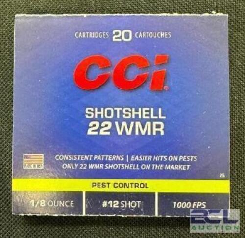 DESCRIPTION (6) 20CT BOXES OF 22 WMR SHOTSHELL AMMO BRAND / MODEL: CCI #12 ADDITIONAL INFORMATION 1/8 OZ. SIZE $15.99 EACH LOCATION AMMO WALL QTY 6