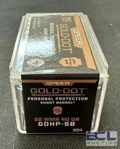 DESCRIPTION (4) 50CT BOXES OF 22 WMR AMMO BRAND / MODEL: SPEER ADDITIONAL INFORMATION 50 GRAIN SIZE $19.99 EACH LOCATION AMMO WALL QTY 4