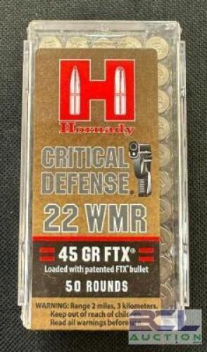 DESCRIPTION (1) 50CT BOX OF 22 WMR AMMO BRAND / MODEL: HORNADY CRITICAL DEFENSE ADDITIONAL INFORMATION 45 GRAIN SIZE $21.99 LOCATION AMMO WALL QTY 1