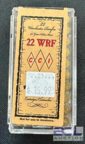 DESCRIPTION (13) 50CT BOXES OF 22 WRF AMMO BRAND / MODEL: CCI ADDITIONAL INFORMATION 45 GRAIN SIZE $15.99 EACH LOCATION AMMO WALL QTY 13