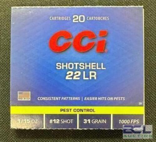 DESCRIPTION (25) 20CT BOXES OF 22LR SHOTSHELL AMMO BRAND / MODEL: CCI ADDITIONAL INFORMATION 31 GRAIN SIZE $11.99 EACH LOCATION AMMO WALL QTY 25