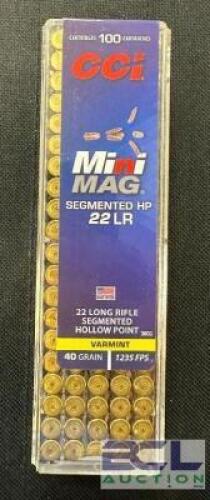 DESCRIPTION (6) 100CT BOXES OF 22LR AMMO BRAND / MODEL: CCI ADDITIONAL INFORMATION 40 GRAIN SIZE $11.99 EACH LOCATION AMMO WALL QTY 6