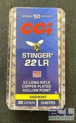 DESCRIPTION (6) 50CT BOXES OF 22LR STINGER AMMO BRAND / MODEL: CCI ADDITIONAL INFORMATION 32 GRAIN SIZE $7.99 EACH LOCATION AMMO WALL QTY 6