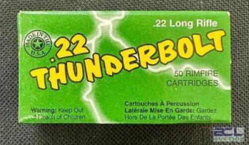 DESCRIPTION (7) 50CT BOXES OF 22LR AMMO BRAND / MODEL: REMINGTON THUNDERBOLT ADDITIONAL INFORMATION 40 GRAIN SIZE $5.99 EACH LOCATION AMMO WALL QTY 7