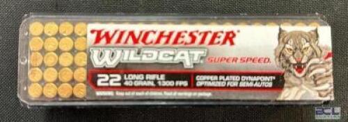 DESCRIPTION (2) 100CT BOXES OF 22LR AMMO BRAND / MODEL: WINCHESTER WILDCAT ADDITIONAL INFORMATION 40 GRAIN SIZE $11.99 EACH LOCATION AMMO WALL QTY 2