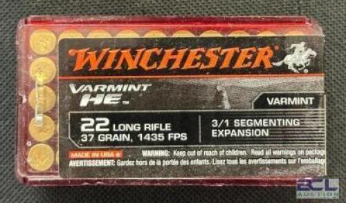 DESCRIPTION (1) 50CT BOX OF 22LR AMMO BRAND / MODEL: WINCHESTER VARMINT ADDITIONAL INFORMATION 37 GRAIN SIZE $11.99 LOCATION AMMO WALL QTY 1