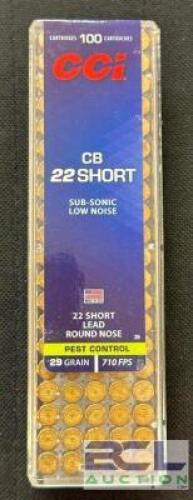 DESCRIPTION (2) 100CT BOXES OF 22 SHORT AMMO BRAND / MODEL: CCI ADDITIONAL INFORMATION 29 GRAIN SIZE $14.99 EACH LOCATION AMMO WALL QTY 2