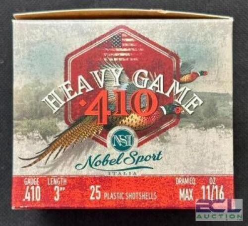 DESCRIPTION (5) 25CT BOXES OF 410 SHOTGUN SHELLS BRAND / MODEL: NOBEL SPORT ADDITIONAL INFORMATION 9 SHOT THIS LOT IS: 3" SIZE $18.99 EACH LOCATION AM