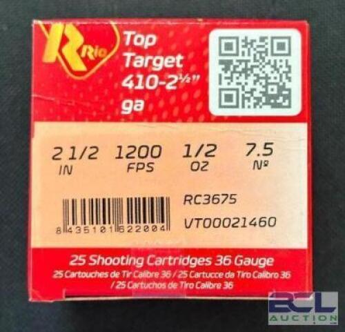 DESCRIPTION (13) 25CT BOXES OF 410 SHOTGUN SHELLS BRAND / MODEL: RIO ADDITIONAL INFORMATION #7.5 THIS LOT IS: 2-1/2" SIZE $18.99 EACH LOCATION AMMO WA